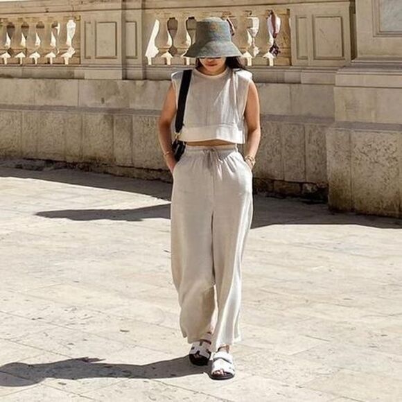 Frankie shop | Linen Padded Shoulder Jogger Set in Cream/Ecru - Picture 3 of 16